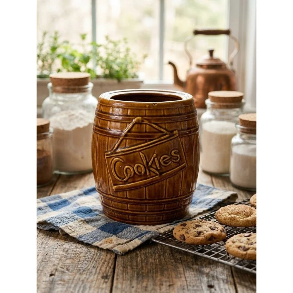 Vintage Ceramic Wooden Barrel Cookie Jar Brown Glazed Kitchen Crock No Lid 8 in